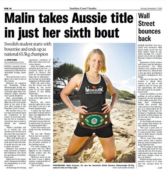 Malin Kirjonen Boxing Title News Clipping from Australia