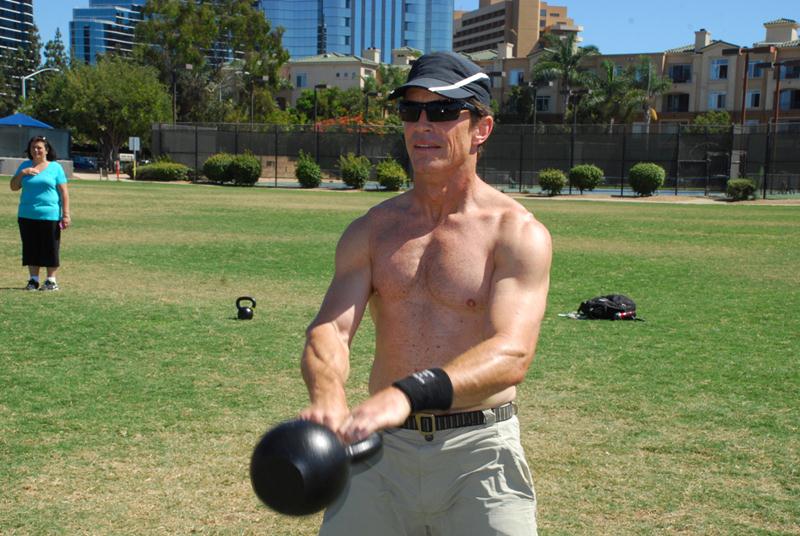 Tom Davin during the Grad Workout at the San Diego RKC August 2012 - kettlebell swing