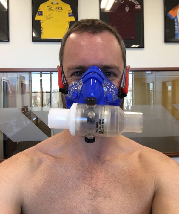 Scott Carney wearing mask for testing at the CU Sports Medicine and Performance Center