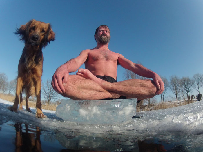 Wim Hof Lotus On Ice With Dog