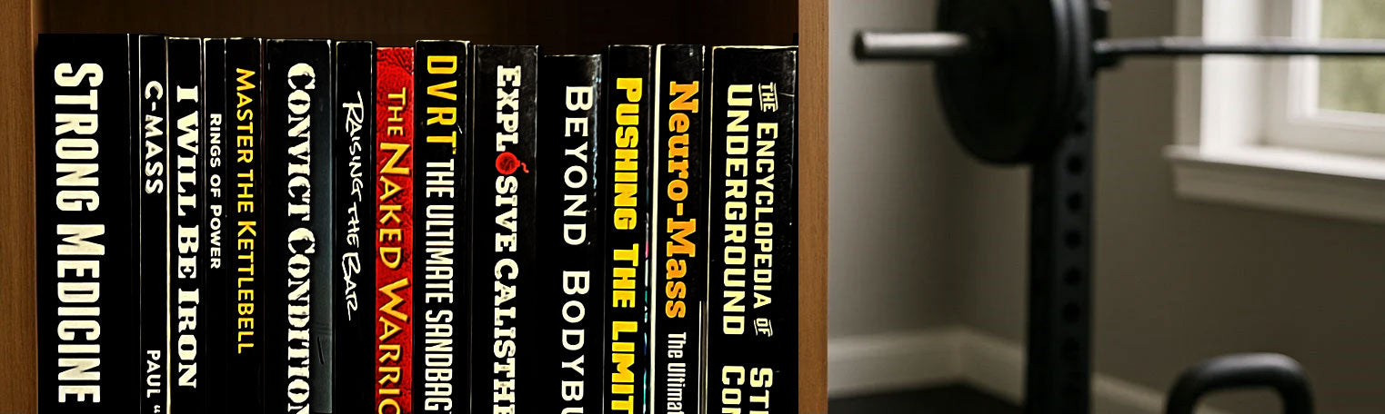 Dragon Door books on a shelf with gym equipment in the background